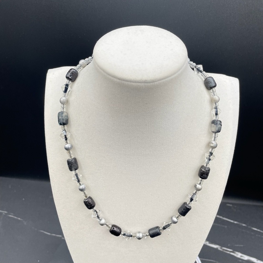 Vintage Black Gray Classic Cord Clear Faceted Glass Beaded Statement Necklace
